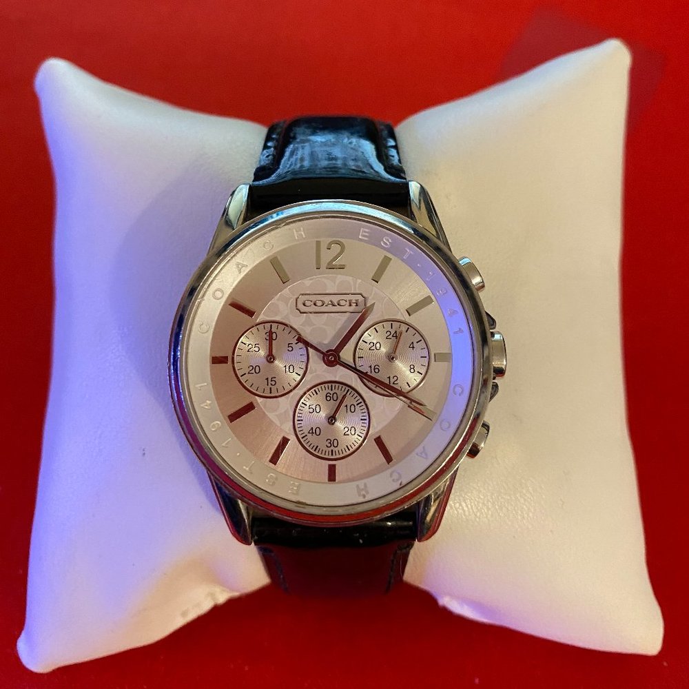 COACH Women's Silver Chronograph Watch with Black Leather Strap